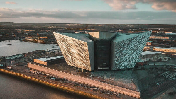 Titanic and Belfast private driver tour - an aerial photograph of the visitor centre with the docks around it