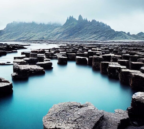 Giant's Causeway Private Driver Tour - A wide angle atmospheric photo of the stones at the Giant's Causeway with sharp hills rising in the background