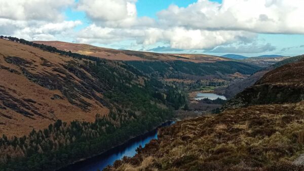 A photo taken from above of the two lakes at Glendalough, Co. Wicklow, Ireland