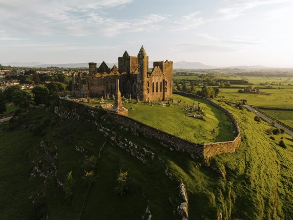 An aerial view of the Rock of Cashel, a historic landmark in County Tipperary, Ireland - take a Private Chauffuer Tour from Dublin with us.