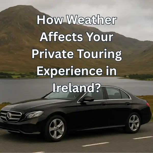 A private tour car on an Irish road with cloudy skies and green fields, showing how weather shapes the travel experience.