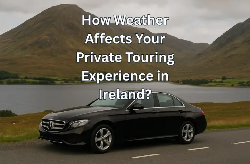 A private tour car on an Irish road with cloudy skies and green fields, showing how weather shapes the travel experience.