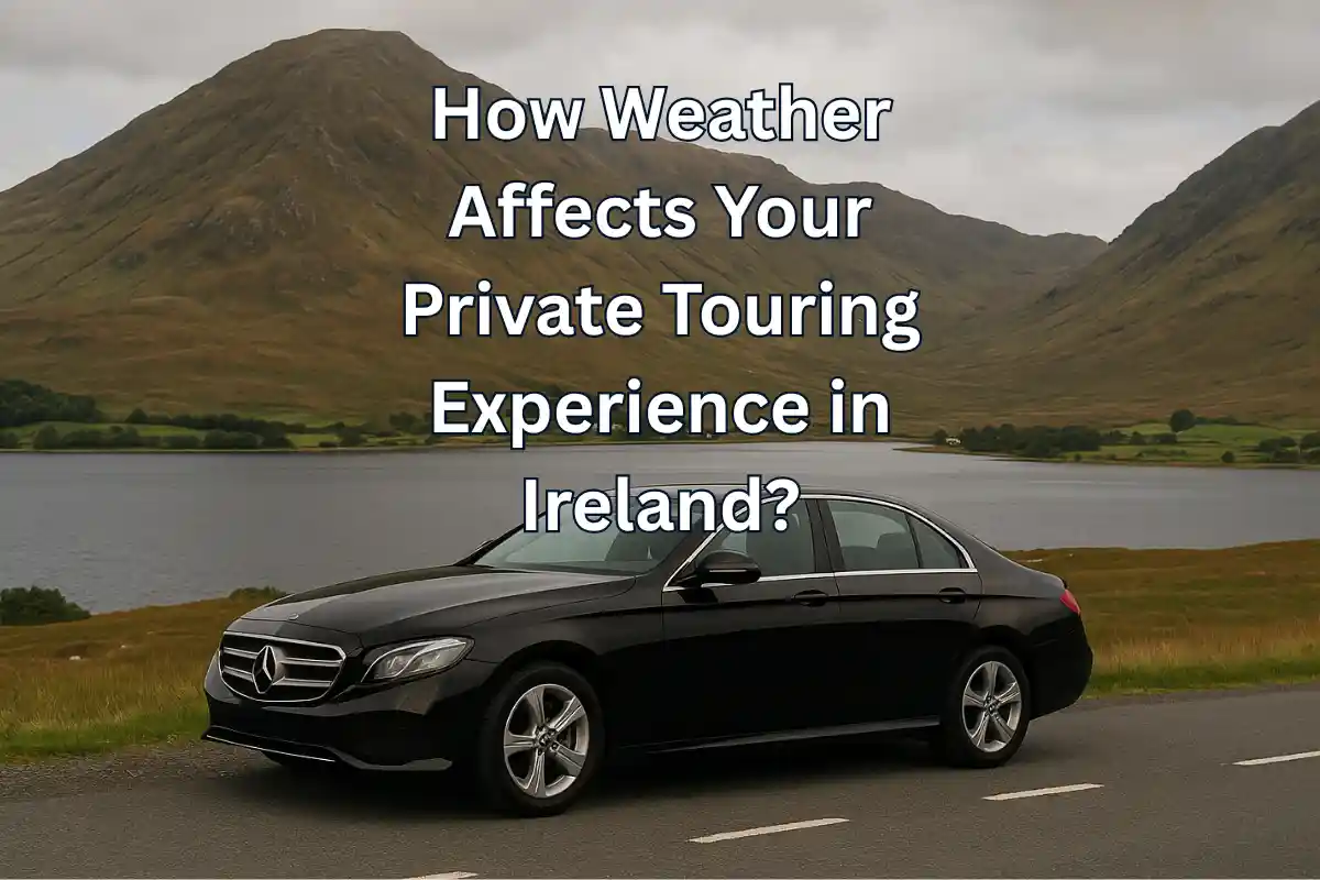 A private tour car on an Irish road with cloudy skies and green fields, showing how weather shapes the travel experience.